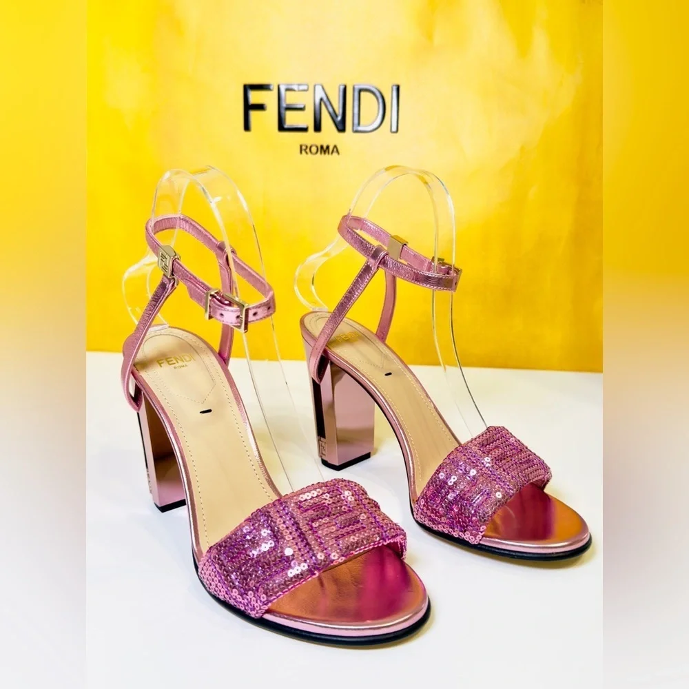Fendi Delfina Heel Strap Sandals Pink Metallic Goat Leather FF Sequin Size 37 - Picture 5 of 16